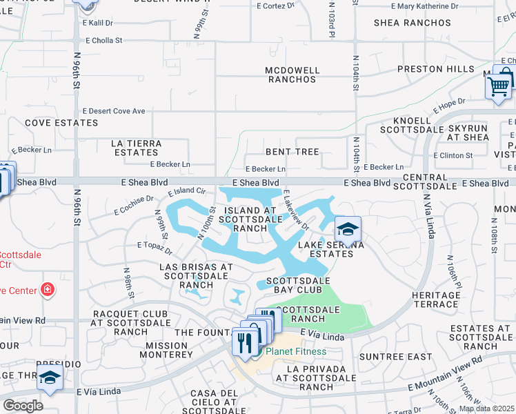 map of restaurants, bars, coffee shops, grocery stores, and more near 10407 North 101st Place in Scottsdale