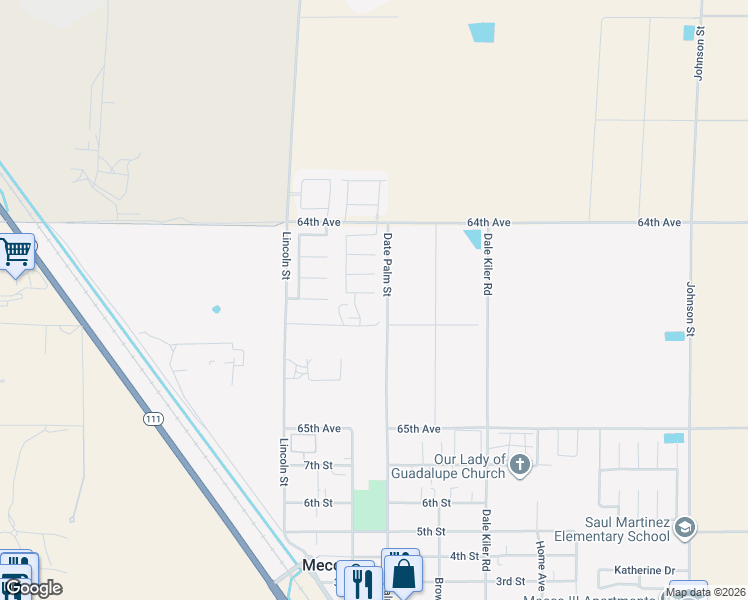 map of restaurants, bars, coffee shops, grocery stores, and more near 91163 Painted Canyon Court in Mecca