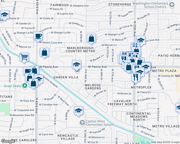 map of restaurants, bars, coffee shops, grocery stores, and more near 3830 West Cochise Drive in Phoenix