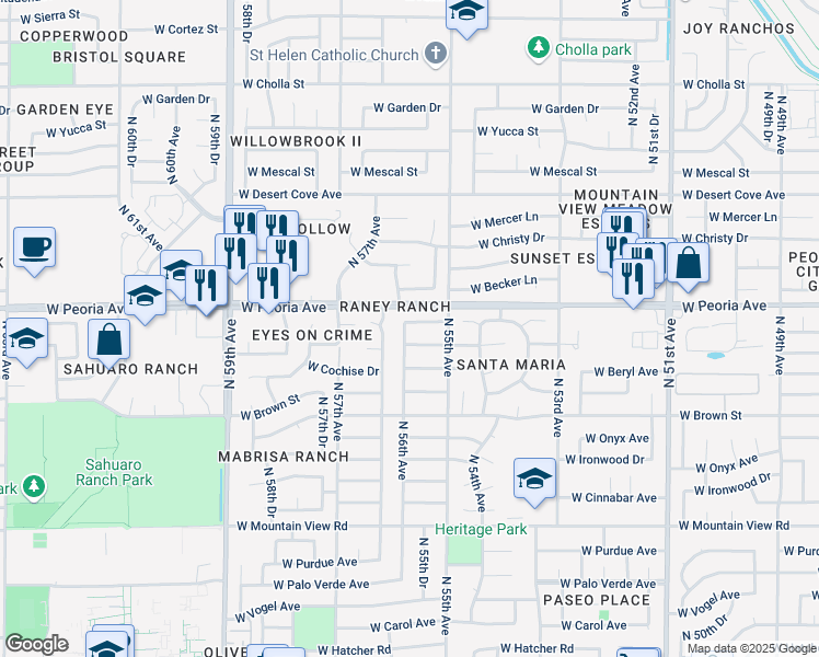 map of restaurants, bars, coffee shops, grocery stores, and more near 5533 West Cochise Drive in Glendale