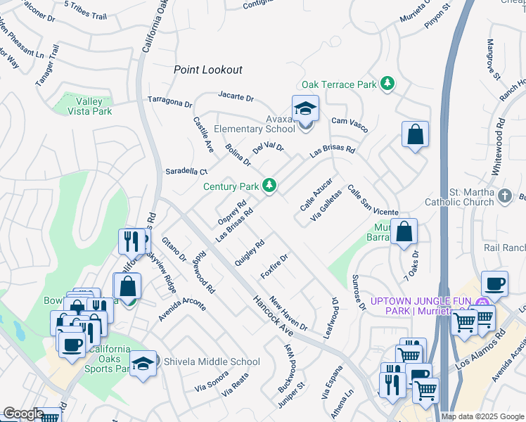 map of restaurants, bars, coffee shops, grocery stores, and more near 24412 Leafwood Drive in Murrieta