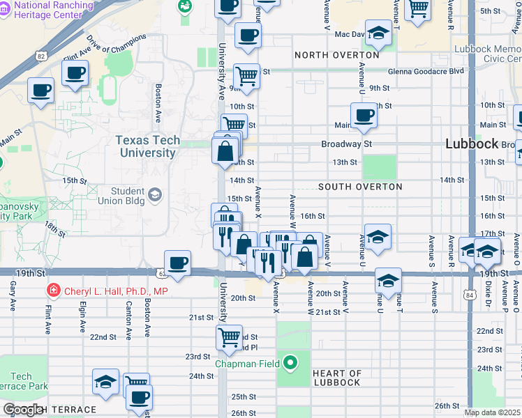 map of restaurants, bars, coffee shops, grocery stores, and more near 2324 16th Street in Lubbock