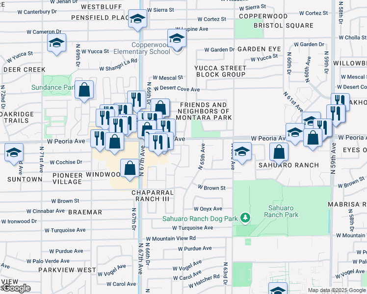 map of restaurants, bars, coffee shops, grocery stores, and more near 10325 North 65th Drive in Glendale