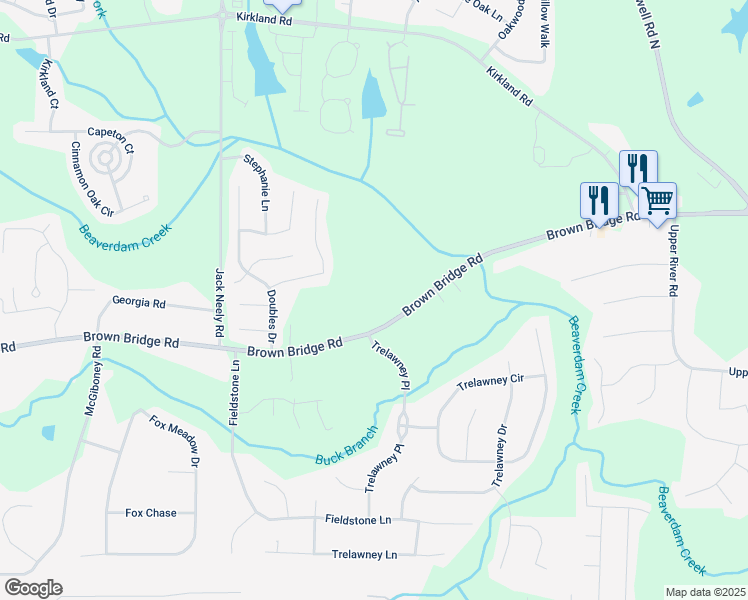 map of restaurants, bars, coffee shops, grocery stores, and more near 11790 Brown Bridge Road in Covington
