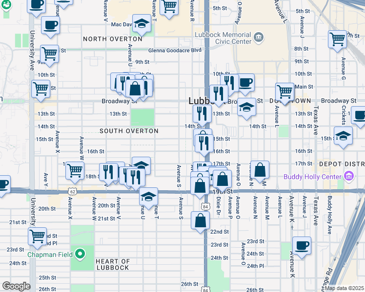 map of restaurants, bars, coffee shops, grocery stores, and more near 1603 Avenue S in Lubbock