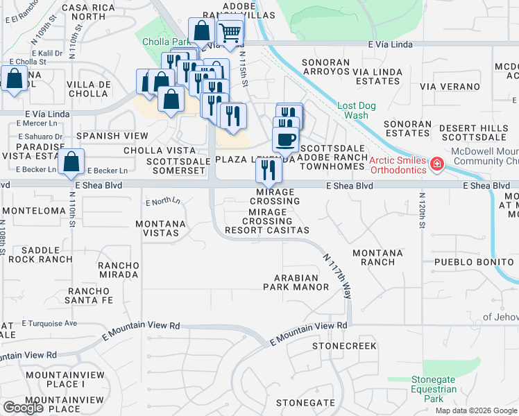 map of restaurants, bars, coffee shops, grocery stores, and more near Mirage Crossing Condominiums in Scottsdale