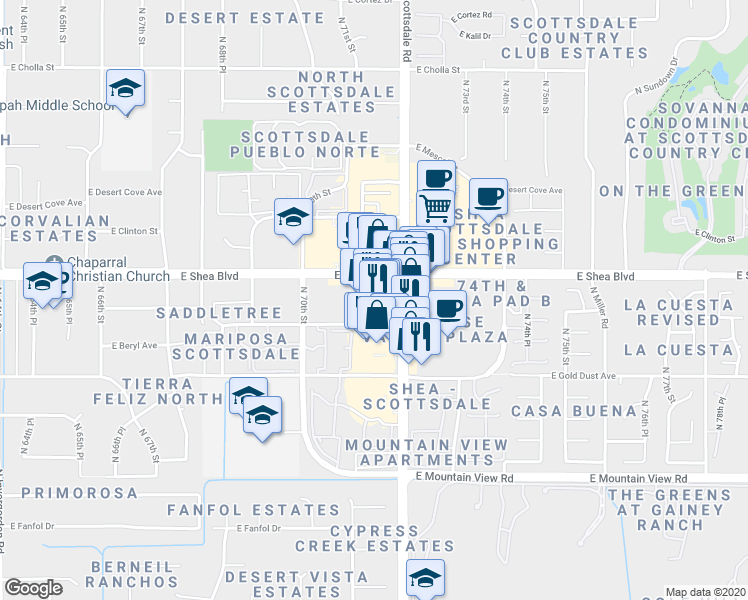 map of restaurants, bars, coffee shops, grocery stores, and more near 10392 North Scottsdale Road in Scottsdale
