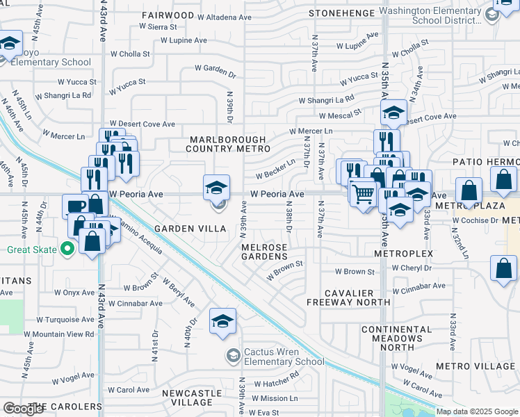 map of restaurants, bars, coffee shops, grocery stores, and more near 3830 West Cochise Drive in Phoenix