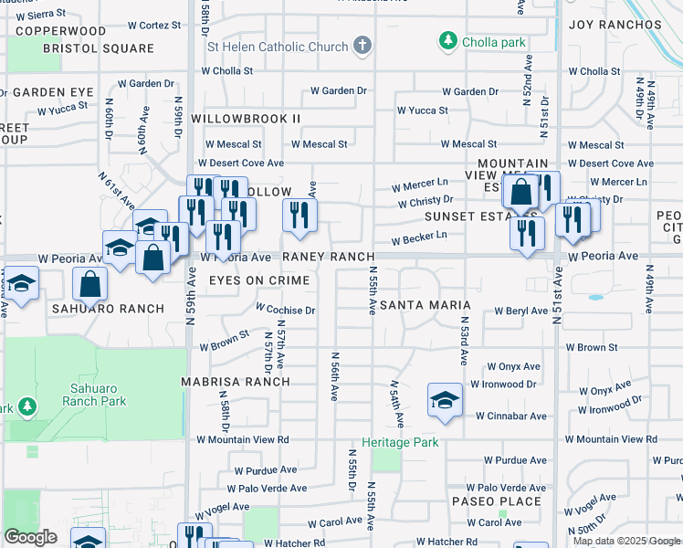 map of restaurants, bars, coffee shops, grocery stores, and more near 5533 West Cochise Drive in Glendale