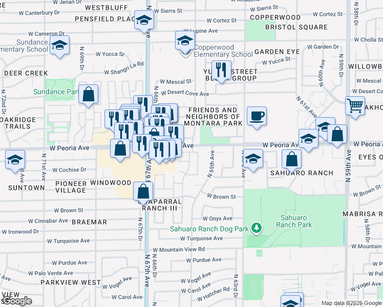 map of restaurants, bars, coffee shops, grocery stores, and more near 10325 North 65th Drive in Glendale