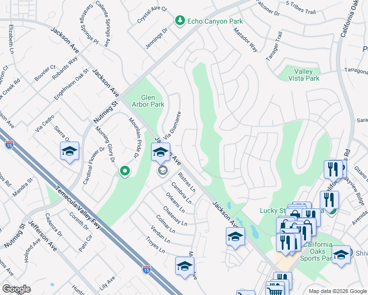 map of restaurants, bars, coffee shops, grocery stores, and more near 40649 Corte Albara in Murrieta