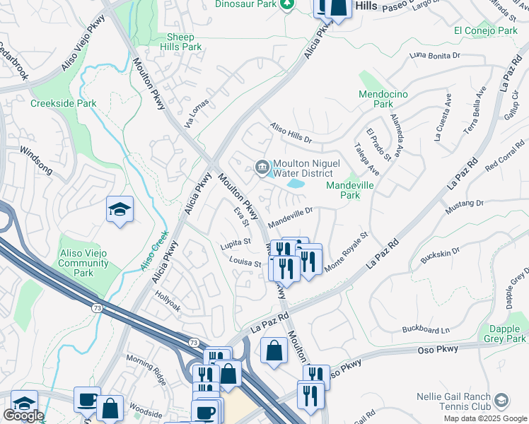 map of restaurants, bars, coffee shops, grocery stores, and more near 24443 Mandeville Drive in Laguna Hills