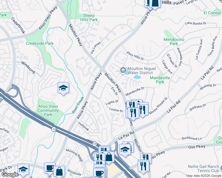 map of restaurants, bars, coffee shops, grocery stores, and more near 26325 Eva Street in Laguna Hills