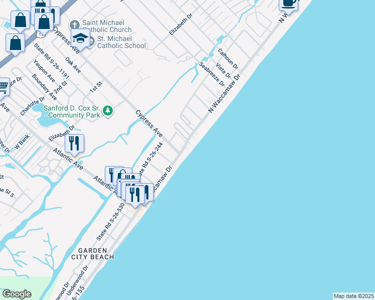 map of restaurants, bars, coffee shops, grocery stores, and more near 600 North Waccamaw Drive in Murrells Inlet