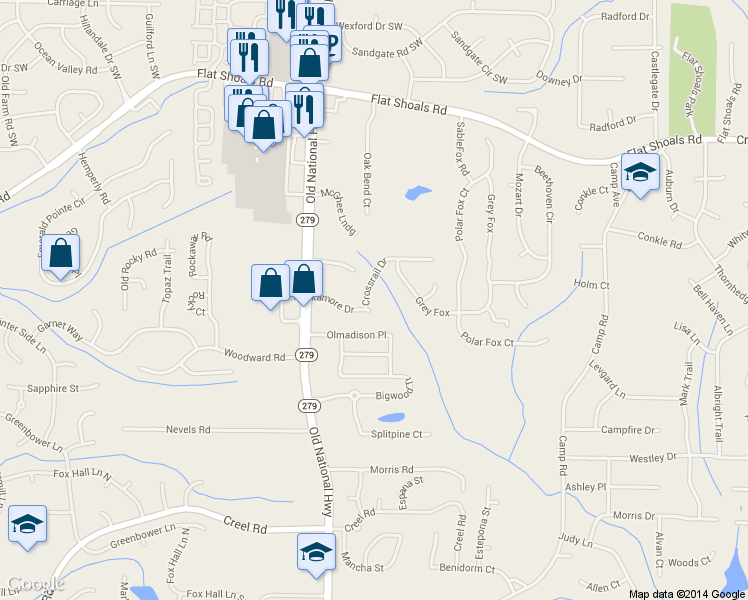 map of restaurants, bars, coffee shops, grocery stores, and more near 2288 Crossrail Drive in Atlanta