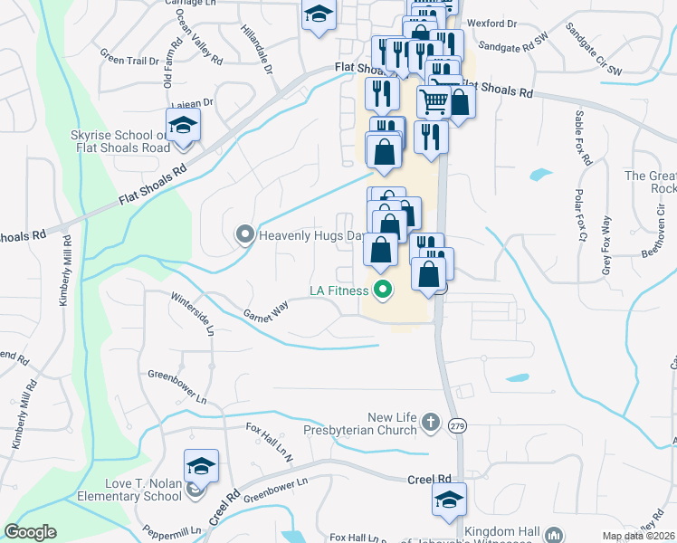map of restaurants, bars, coffee shops, grocery stores, and more near 2745 Rocky Court in Atlanta