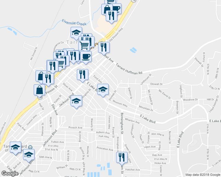 map of restaurants, bars, coffee shops, grocery stores, and more near 1432 East Lake Boulevard in Birmingham