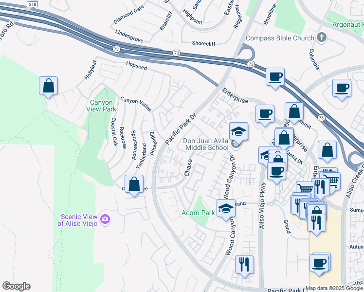 map of restaurants, bars, coffee shops, grocery stores, and more near 22501 Chase in Aliso Viejo
