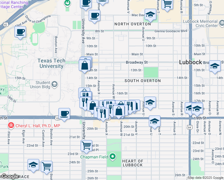 map of restaurants, bars, coffee shops, grocery stores, and more near 1604 Avenue W in Lubbock