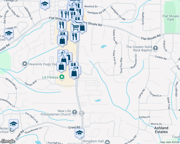 map of restaurants, bars, coffee shops, grocery stores, and more near 2306 Hackamore Drive in Atlanta