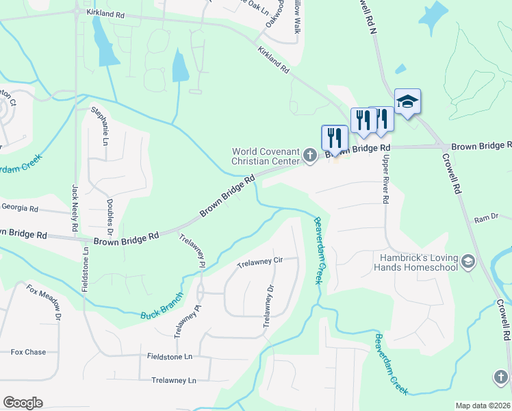 map of restaurants, bars, coffee shops, grocery stores, and more near 11677 Brown Bridge Road in Covington