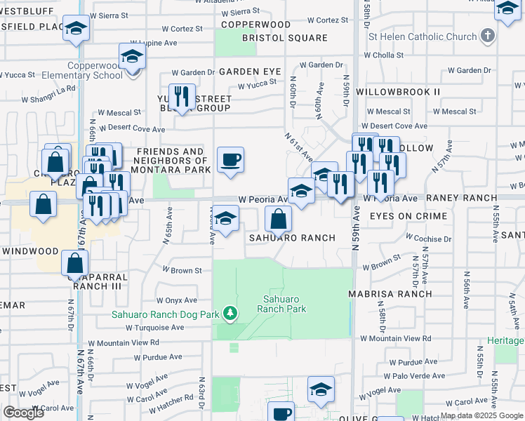 map of restaurants, bars, coffee shops, grocery stores, and more near 6214 West Comet Avenue in Glendale