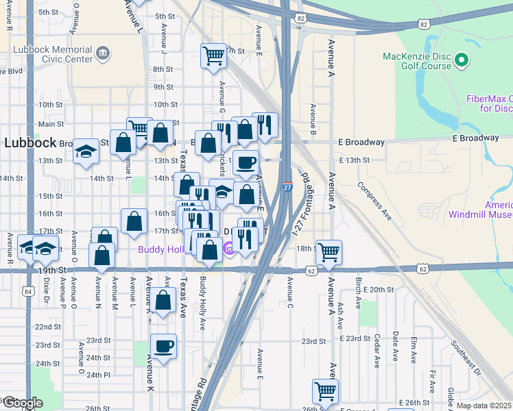 map of restaurants, bars, coffee shops, grocery stores, and more near in Lubbock