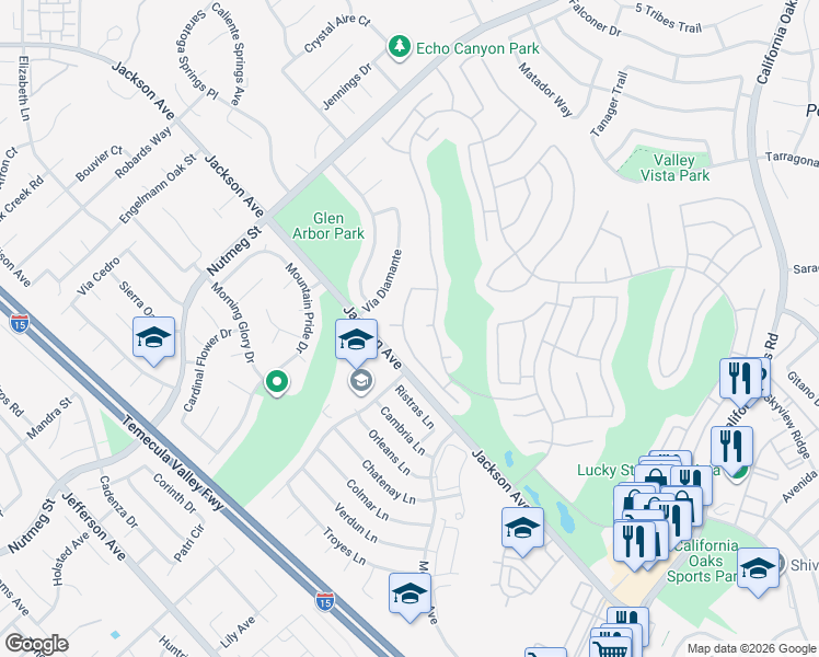map of restaurants, bars, coffee shops, grocery stores, and more near 40649 Corte Albara in Murrieta