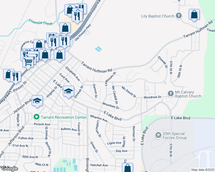 map of restaurants, bars, coffee shops, grocery stores, and more near 1761 Linthicum Street in Birmingham