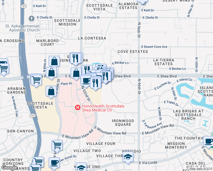 map of restaurants, bars, coffee shops, grocery stores, and more near 9375 East Shea Boulevard in Scottsdale