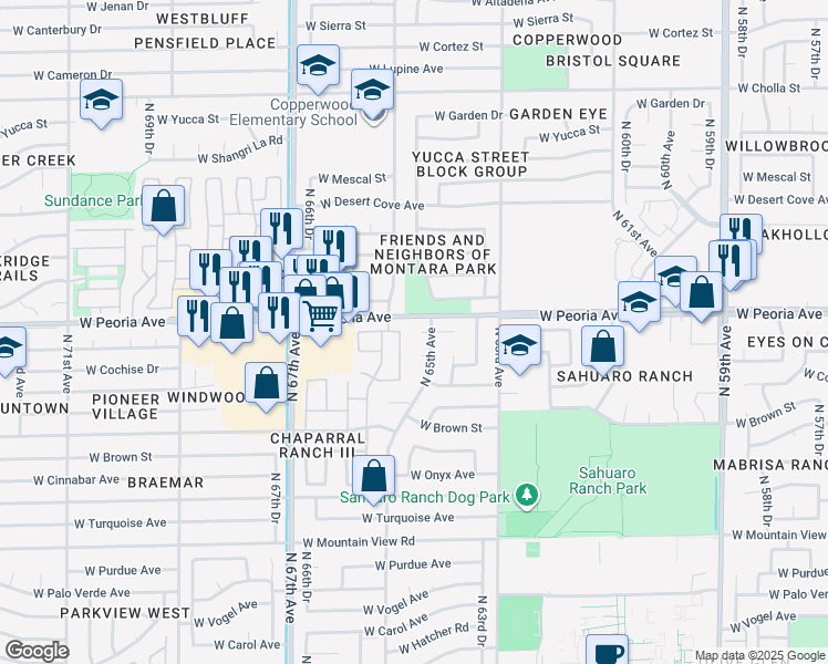 map of restaurants, bars, coffee shops, grocery stores, and more near 10601 North 65th Avenue in Glendale
