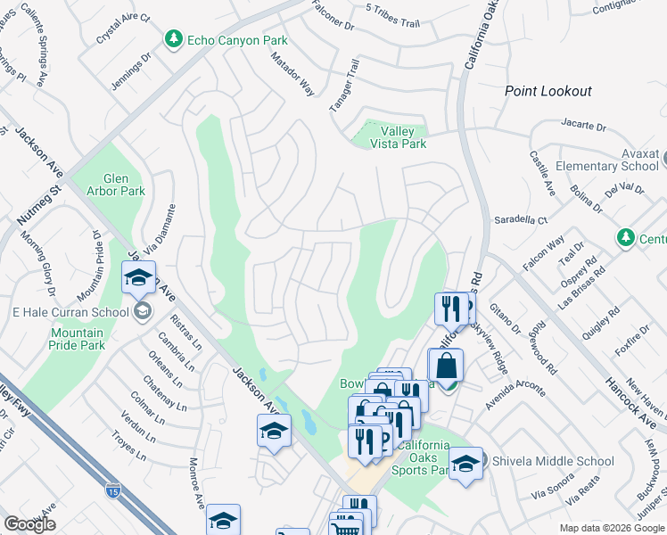 map of restaurants, bars, coffee shops, grocery stores, and more near 40402 Vía Siena in Murrieta