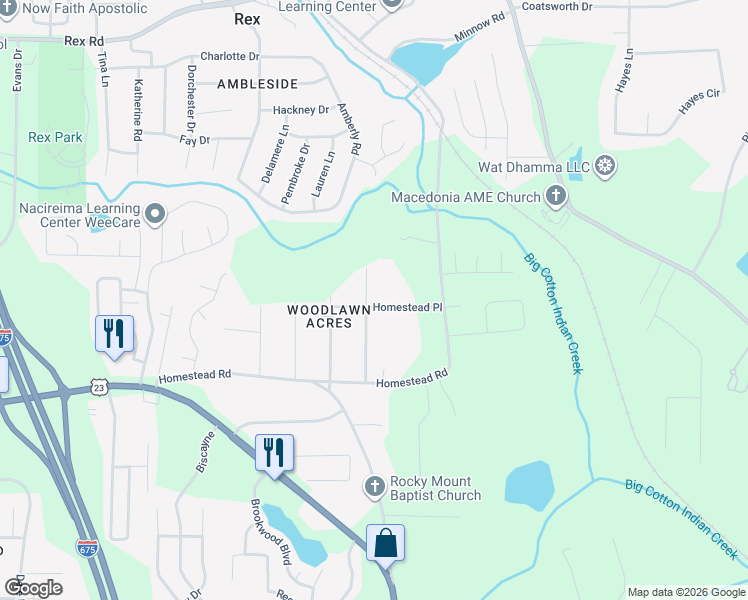 map of restaurants, bars, coffee shops, grocery stores, and more near 150 Cumberland Drive in Rex