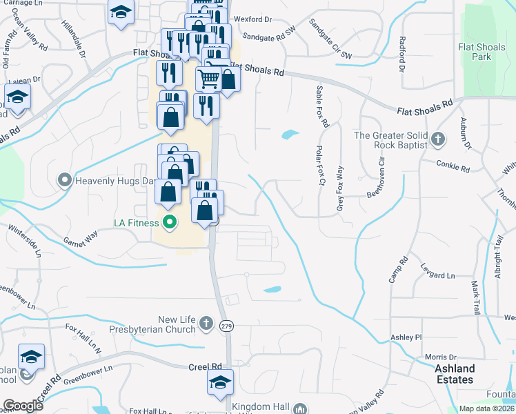 map of restaurants, bars, coffee shops, grocery stores, and more near 2288 Crossrail Drive in Atlanta
