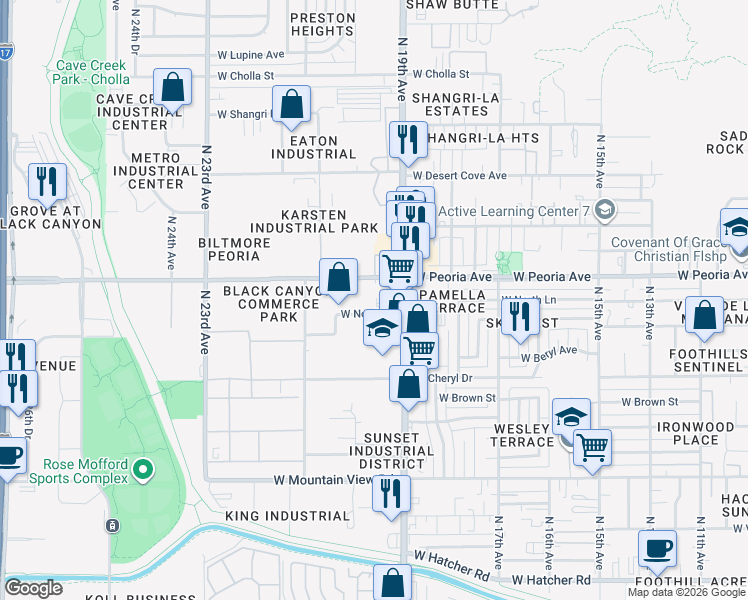 map of restaurants, bars, coffee shops, grocery stores, and more near 1927 W Peoria Ave in Phoenix