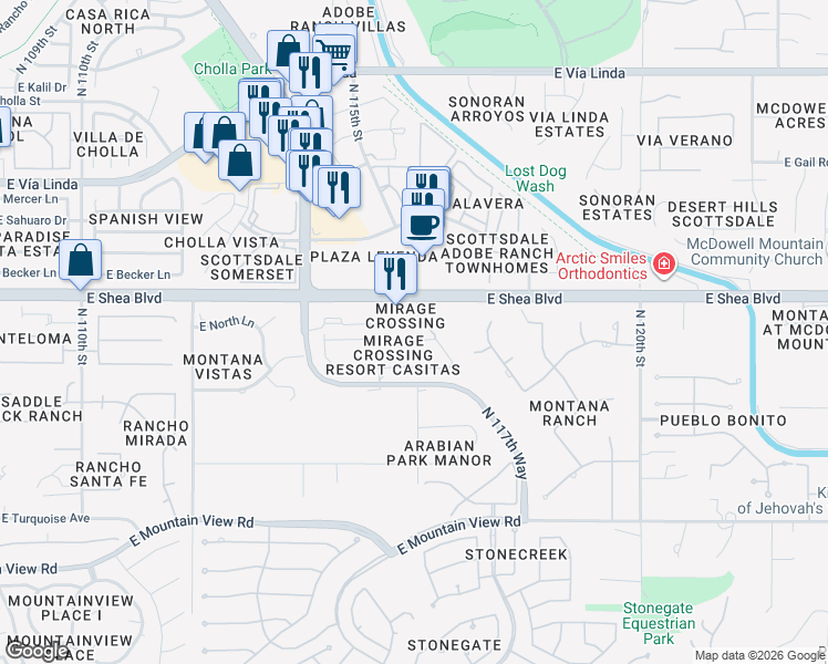 map of restaurants, bars, coffee shops, grocery stores, and more near 11500 East Cochise Drive in Scottsdale