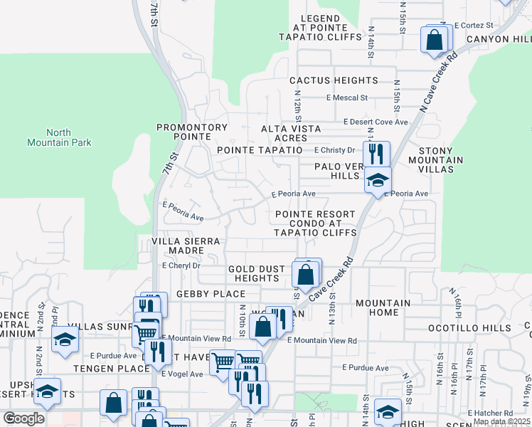 map of restaurants, bars, coffee shops, grocery stores, and more near 1022 East Becker Lane in Phoenix