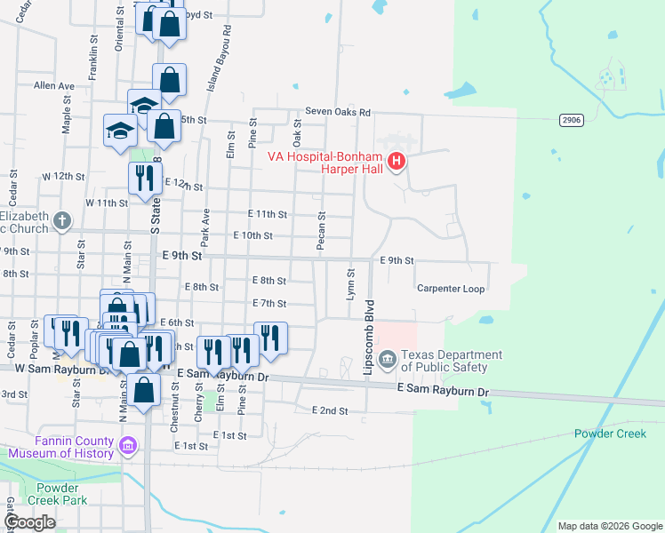 map of restaurants, bars, coffee shops, grocery stores, and more near 902 Pecan Street in Bonham