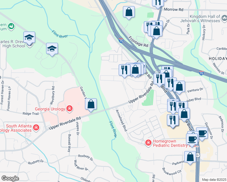 map of restaurants, bars, coffee shops, grocery stores, and more near 221 Upper Riverdale Road in Jonesboro