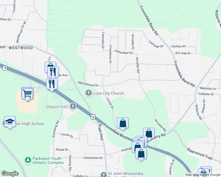 map of restaurants, bars, coffee shops, grocery stores, and more near 208 Merrywood Drive in Birmingham
