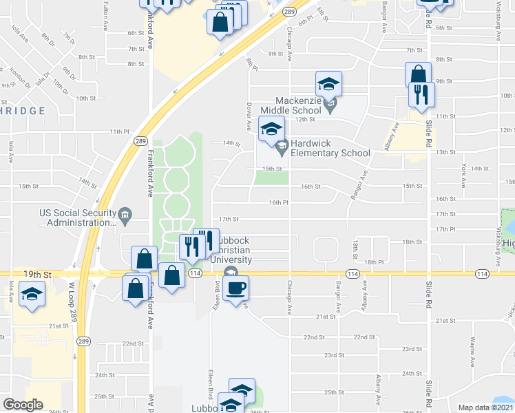 map of restaurants, bars, coffee shops, grocery stores, and more near 5519 16th Place in Lubbock