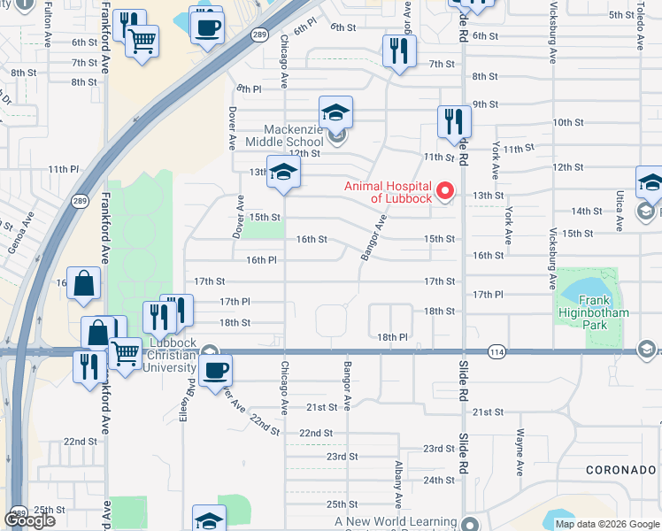 map of restaurants, bars, coffee shops, grocery stores, and more near 5411 16th Place in Lubbock