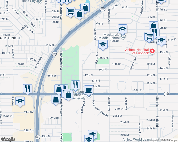 map of restaurants, bars, coffee shops, grocery stores, and more near 5603 16th Street in Lubbock