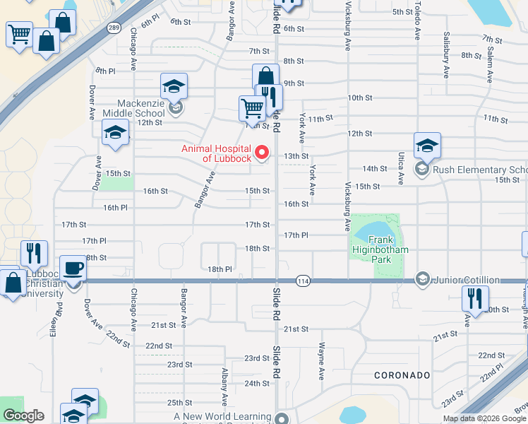 map of restaurants, bars, coffee shops, grocery stores, and more near 5207 15th Street in Lubbock