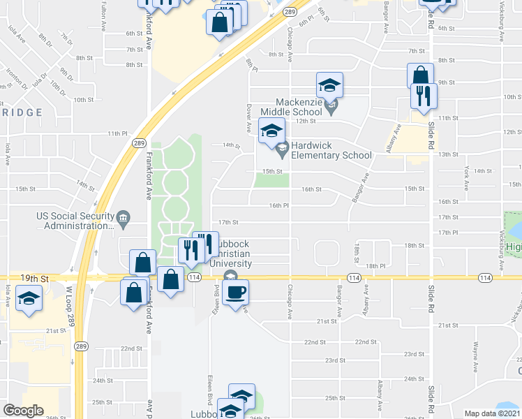 map of restaurants, bars, coffee shops, grocery stores, and more near 5513 16th Street in Lubbock