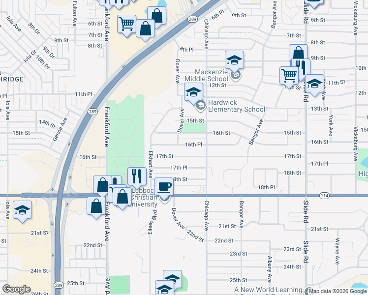 map of restaurants, bars, coffee shops, grocery stores, and more near 5513 16th Street in Lubbock