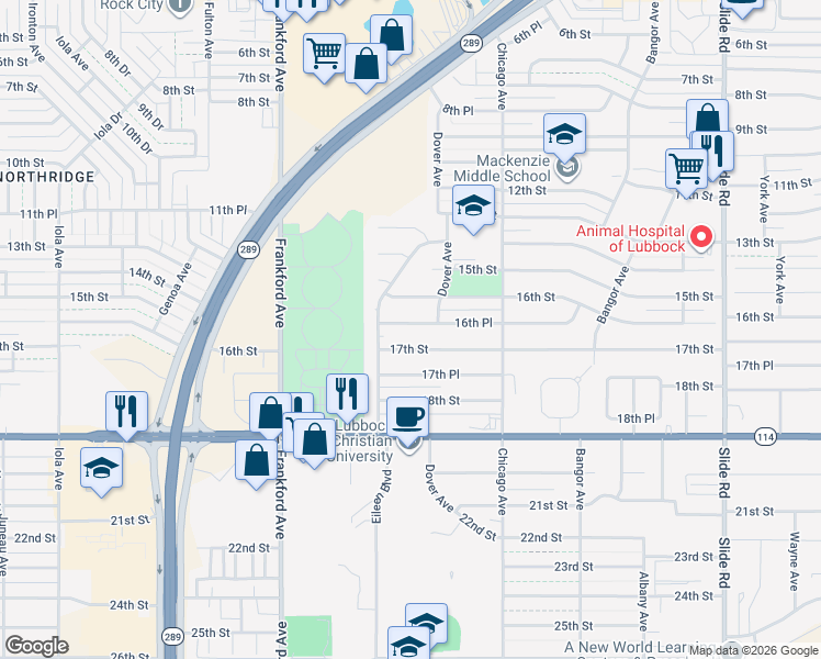 map of restaurants, bars, coffee shops, grocery stores, and more near 5603 16th Street in Lubbock
