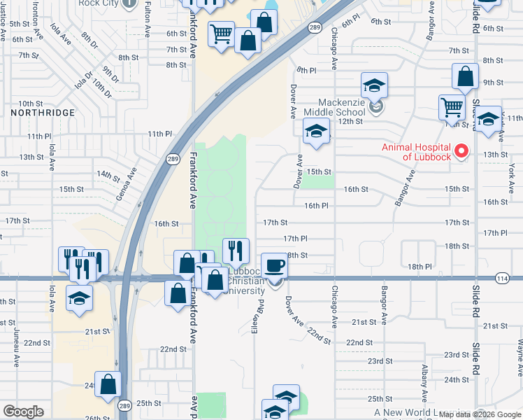 map of restaurants, bars, coffee shops, grocery stores, and more near 1603 Elkhart Avenue in Lubbock