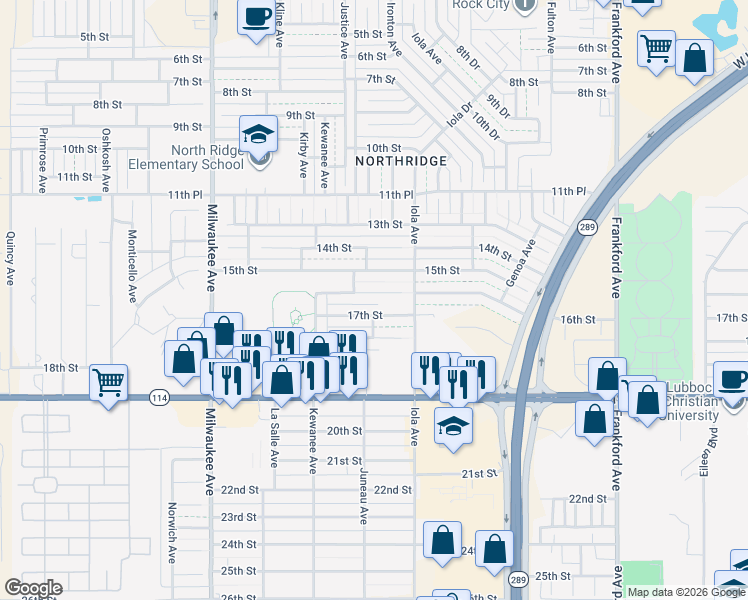 map of restaurants, bars, coffee shops, grocery stores, and more near 6201 15th Street in Lubbock