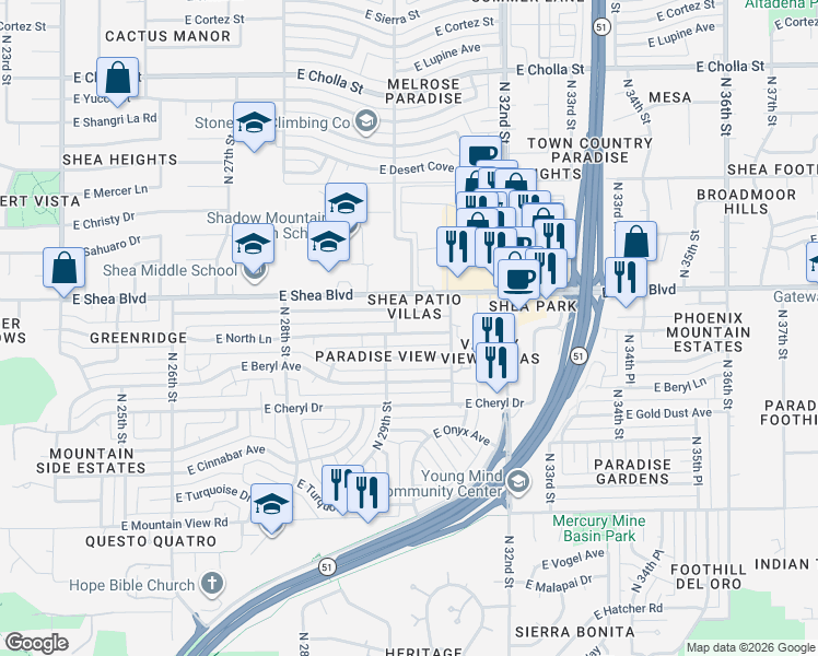 map of restaurants, bars, coffee shops, grocery stores, and more near 10409 North 30th Street in Phoenix